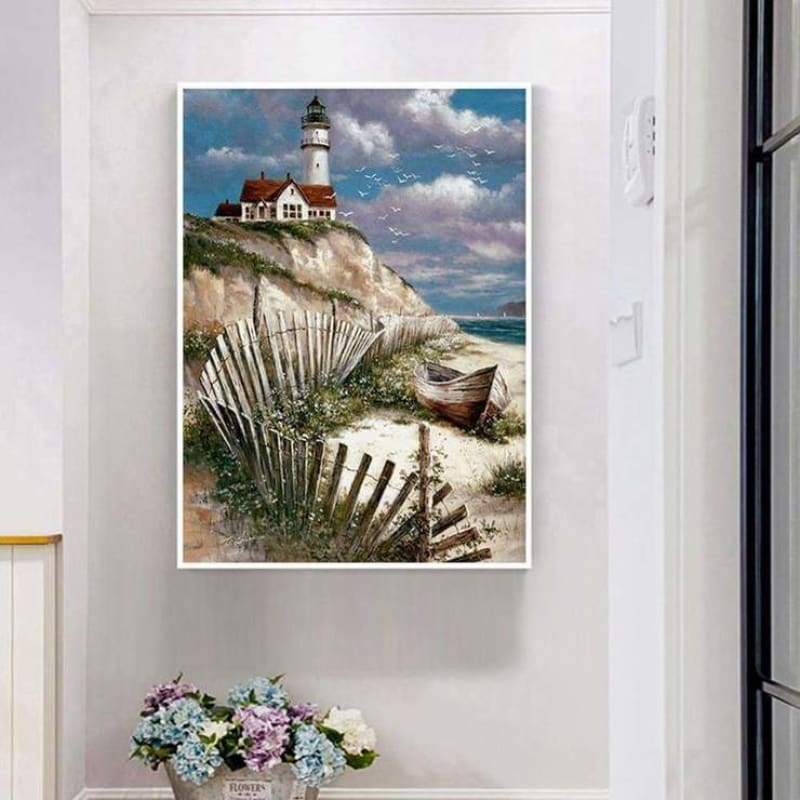 2019 Oil Painting Style Landscape Lighthouse Diy 5d Diamond Painting Kits QB5404