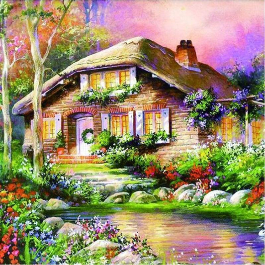Oil Painting Style Mosaic Cross Stitch Cottage 5d Diy Diamond Painting Kits VM98374
