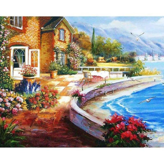 Oil Painting Style Seaside Cottage Diy 5d Diamond Painting Kits QB5358