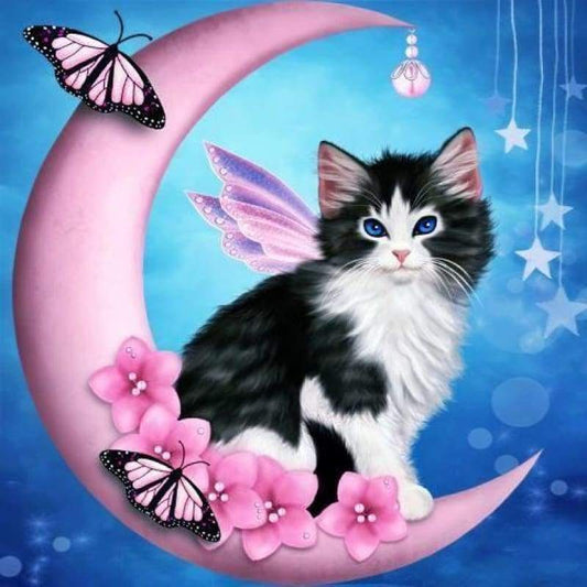 Moon Cat Kitty Pink Full Drill Diamond Painting - - NEEDLEWORK KITS
