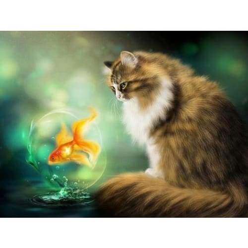 Cat And Goldfish- Full Drill Diamond Painting - Special