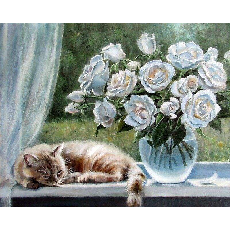 Flower And Cat Diy Paint By Numbers Kits VM95700 - NEEDLEWORK KITS