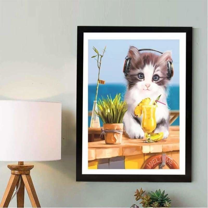 Full Drill - 5D Diamond Painting Kits Listen Music Cute Cat 