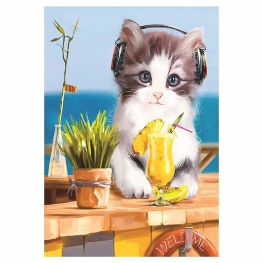 Full Drill - 5D Diamond Painting Kits Listen Music Cute Cat 