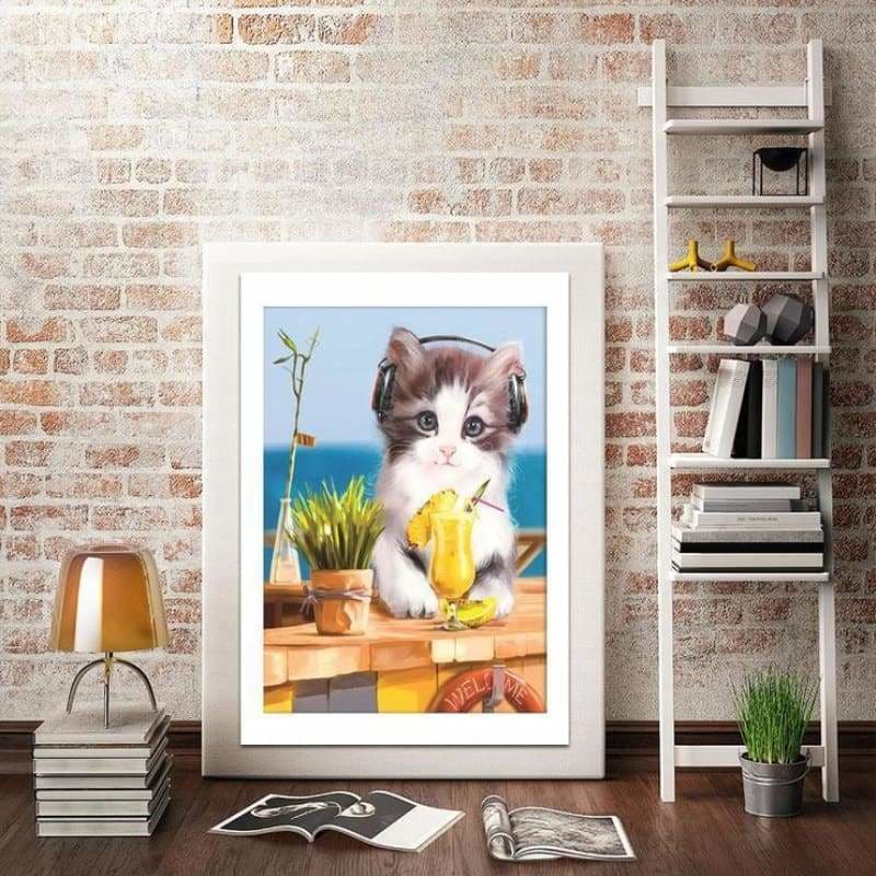 Full Drill - 5D Diamond Painting Kits Listen Music Cute Cat 