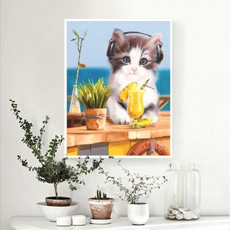 Full Drill - 5D Diamond Painting Kits Listen Music Cute Cat 