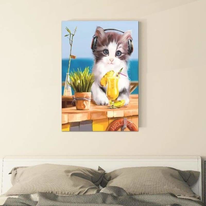 Full Drill - 5D Diamond Painting Kits Listen Music Cute Cat 