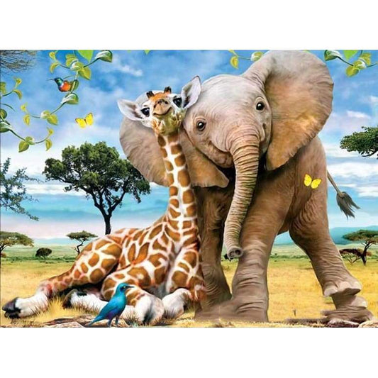 Giraffe And Elephant- Full Drill Diamond Painting - Special 