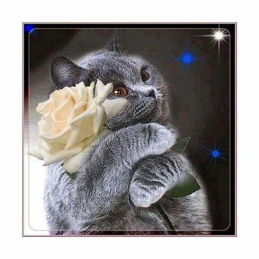 Hot Sale Grey Cat Flower Diy Full Drill - 5D Cross Stitch