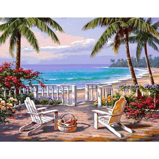 Landscape Seaside Yard Palm Trees Diy Paint By Numbers Kits PBN00057 - NEEDLEWORK KITS